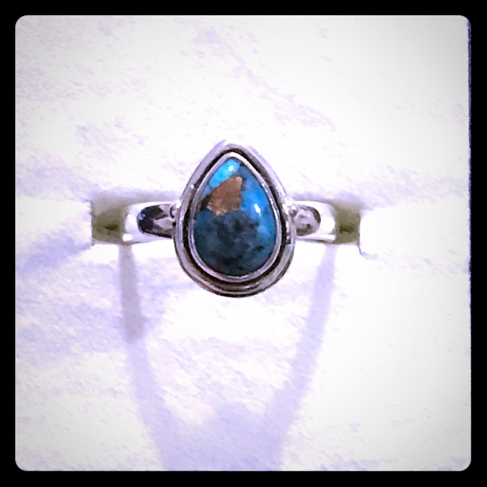 Blue copper streaked turquoise silver ring